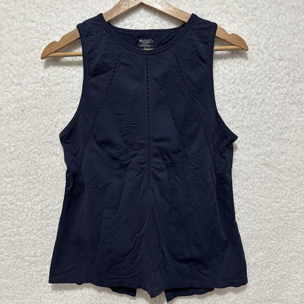 Athleta Foothill Crew Sleeveless Navy Blue Split Back Tank Top Womens Size Small